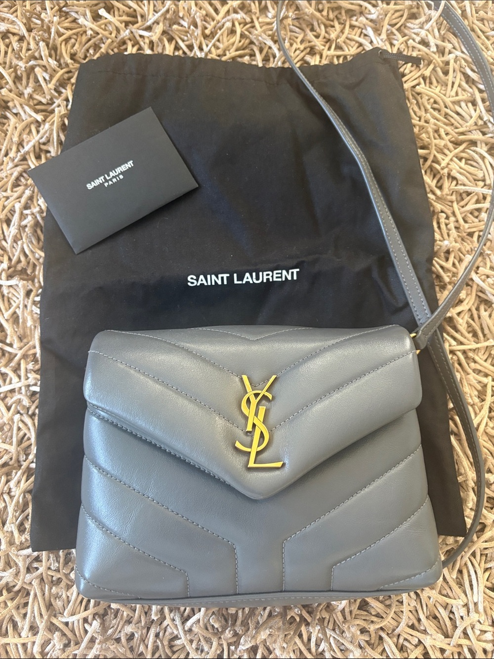 Saint Laurent Gray Chevron Leather Crossbody with Gold YSL Loulou Toy